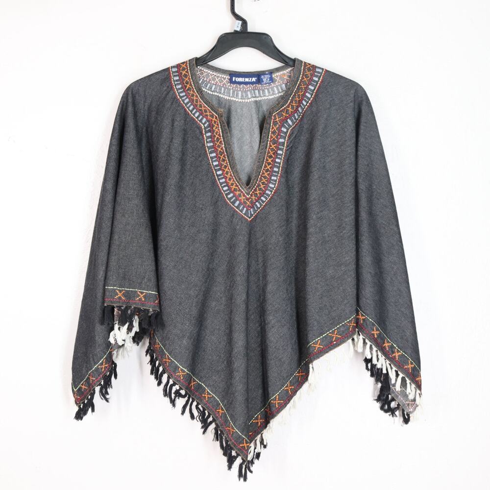 Vtg 80s Forenza Poncho 14 Gray Aztec Design Embroidered Vneck Pullover Fringe